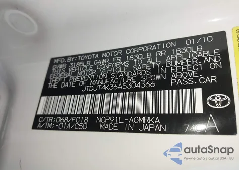 2010 Toyota Yaris from USA, damaged, VIN JTDJT4K36A5304366